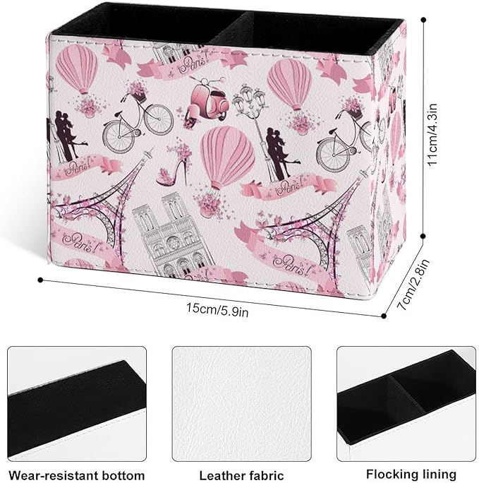 Famame Romantic Paris Eiffel Tower Pencil Holder for Desk, Leather Desktop Container Pen Cup Storage Study Table Pen Organizer Makeup Brushes Holder for Office Home