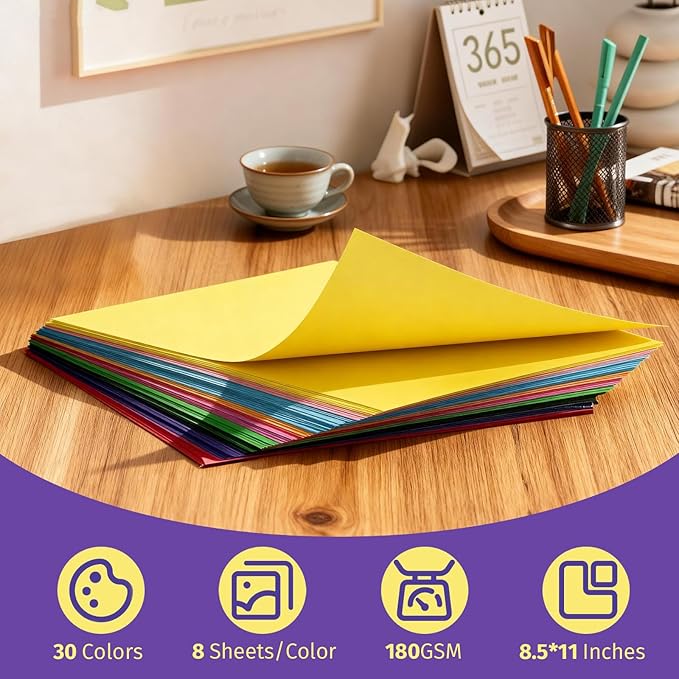 INFOOD 240 Sheets 8.5" X 11" Colored Cardstock Bulk, 30 Assorted Colors Construction Paper Card Stock Paper for Printing, Card Making, DIY Crafts, School & Office Supplies, Party Decorations, 180 GSM