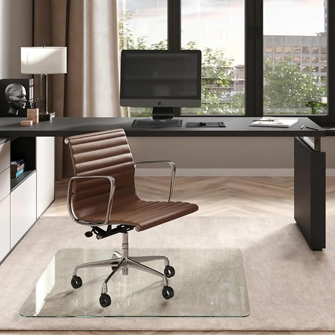 Vitrazza Glass Chair Mat 48” x 48” Superior ¼ Thick, Chiaro Standard Clear, Certified Tempered Safety Glass, Delivers a Smooth Glide, Protects Carpet or Wood, Beautiful in Home or Office