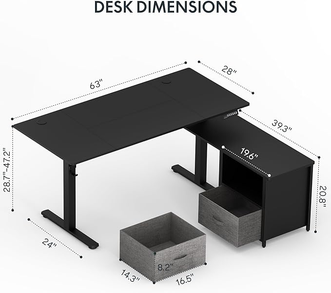 FLEXISPOT 63'' L Shaped Reversible Standing Desk with Drawers and Shelves, Large Corner Stand Up Executive Desk for Home Office, Black Top+ Black Frame