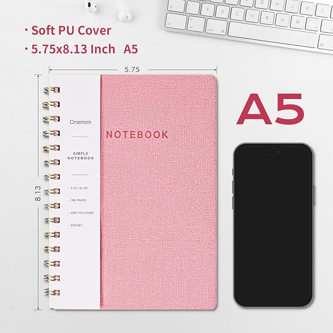 Spiral Notebook-5.75" x 8.125" College Ruled Journal with Inner Pockets and 160 Pages,PU Leather Cover Business Journal, Twin-Wire Binding Notebook Perfect for Office & Home School Supplies 3 pack Pink ReefBlue Khaki