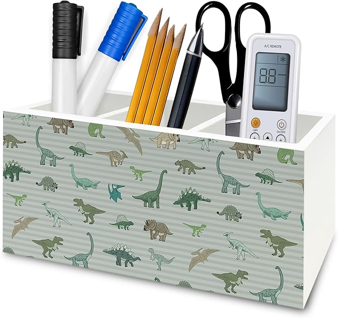 QZQE Dinosaur Gifts Pen Pencil Holder Organizer for Desk, Dinosaur Gifts for Boys Kids, Dino Striped Wooden Box Signs Decorations for Home Classroom Kids Boys Room Bedroom Desk Tabletop