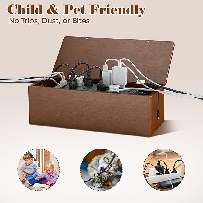 Delamu Wood Cable Management Box with Magnetic Lid, Duty Desk Charging Cord Organizer Cord Box Hider with Ventilation for Desk, Floor, Home Office, Power Strip Cover Box Baby Proof