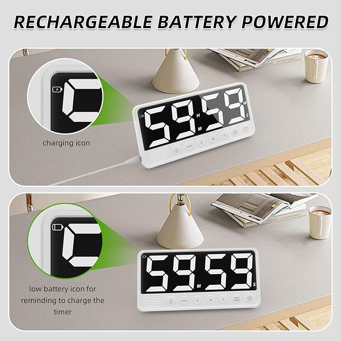 PULIVIA Extra-Large Display Digital Kitchen Timer with 7.4” LED Screen, 6 Alarms & 4 Volume Levels, 3 Memory Presets, Magnetic Stand Rechargeable Count Down/Up Timer for Cooking Home Gym, White
