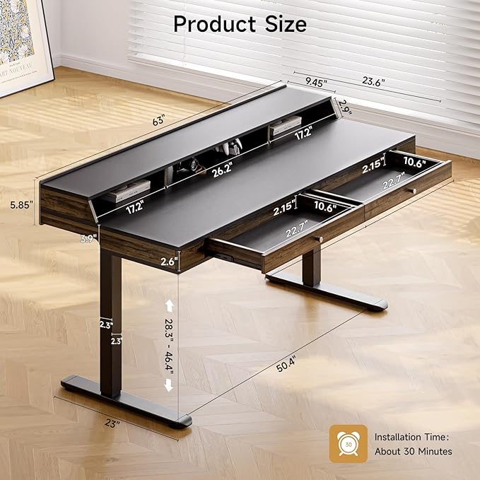 ONBRILL Modern Standing Desk with Storage, 63x23.6 Inch Electric Adjustable Height Desk with 2 Drawers, 3 Open Storage Zones, Black