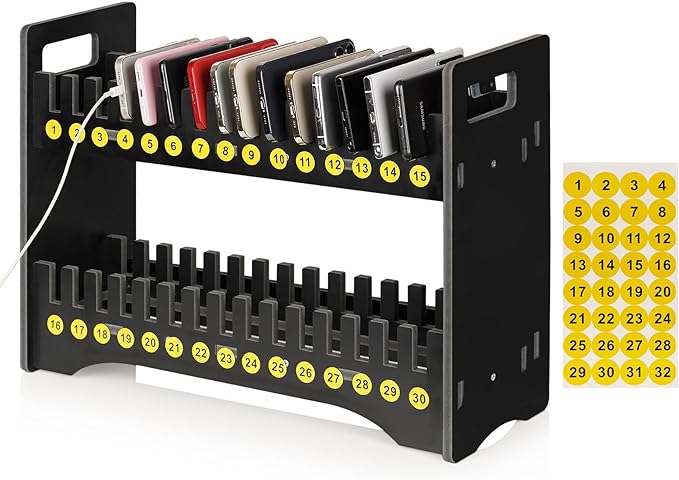 Ozzptuu Cell Phone Holder Classroom Cell Phone Storage 2-Tier Multiple Cell Phone Stand Rack with 1-30 Number Stickers PVC Board Mobile Phone Holder Desktop Organizer for Classroom (Black, 30 Slots)