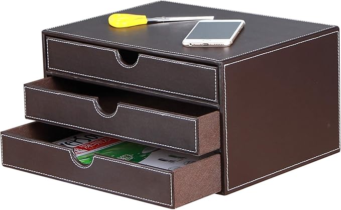 RHCSZ Stackable 3-Drawer Desk Organizer, Executive Office Supplies Desktop Filing A4 File Cabinet/Holder, Leather Storage Box for Document/Paper/Home Decor Accessories (brown)…