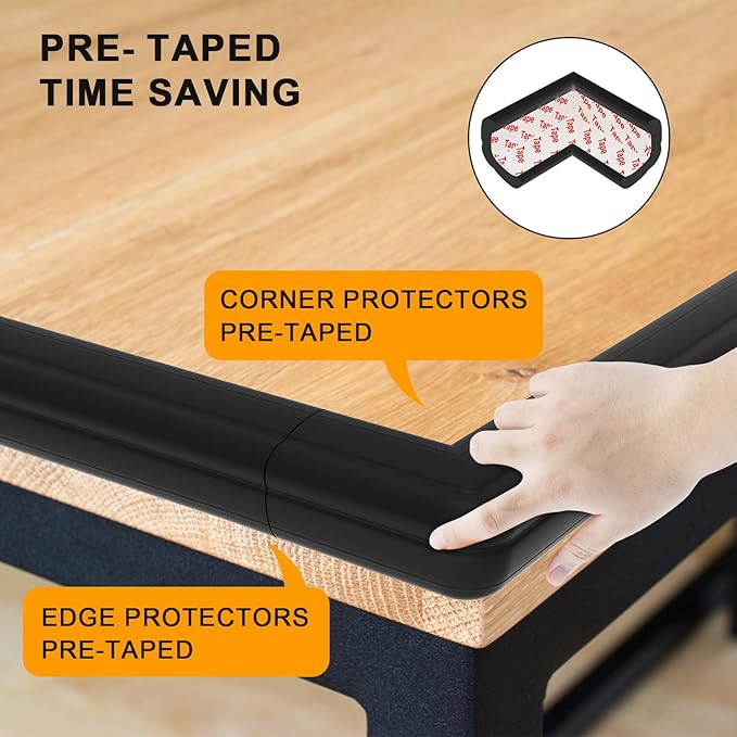 8 Pack Large Table Corner Protector for Kids, Baby Proofing Soft Rubber Foam Cushion Corner Covers, Heavy-Duty Corner Bumper Guards for Furniture Stair Cabinet Fireplace - Pre-Taped, Black