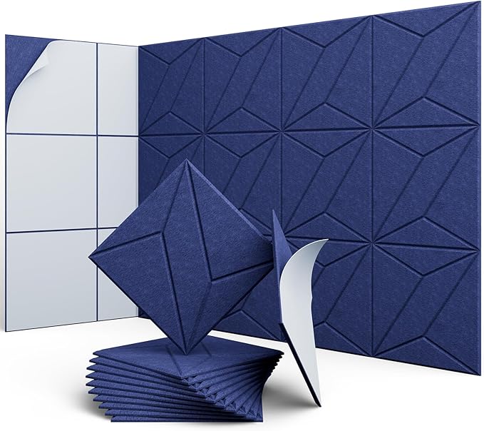 UNECHO 12 Pack 12" X 12" X 0.4" Acoustic Panels for Wall Sound Absorbing, P-Stripes Square Self-Adhesive Sound Panels, High Density Suitable for Multiple Scenarios(Sapphire Blue)