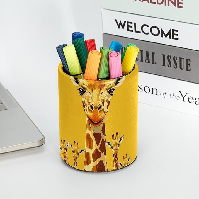 Leather Pen Holder for Desk, Cute Giraffe Pencil Cup Desktop Organizer Makeup Brush Holders Office Supplies for Home, Kids & School