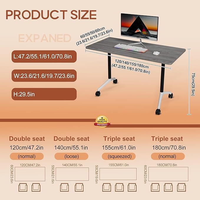 Folding Conference Table 4ft 5ft, Foldable Office Meeting Desk for 6 People, Multiple Sizes Colors Mobile Conference Room Table for Training Room School Business Furniture (4, Grey, 47in)