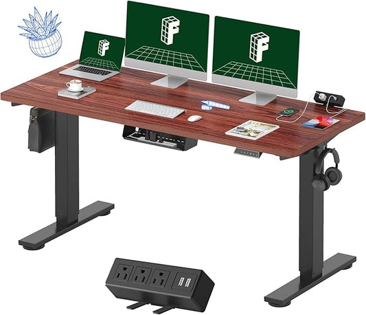 FLEXISPOT EN2 Whole-Piece Standing Desk with Clamp Power Strip, 60 x 24 Electric Stand Up Height Adjustable Desk with Cable Management (Black Frame + 60" Mahogany Top, 2 Packages)
