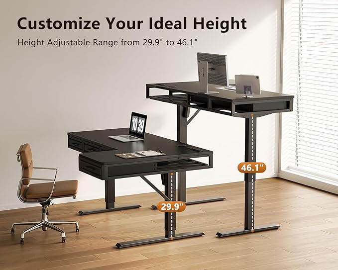 OffiGo L Shaped Electric Standing Desk with Wooden Drawers, 55 Inch Height Adjustable Corner Workstation with Power Outlets, Sit Stand Table for Home, Office, Black