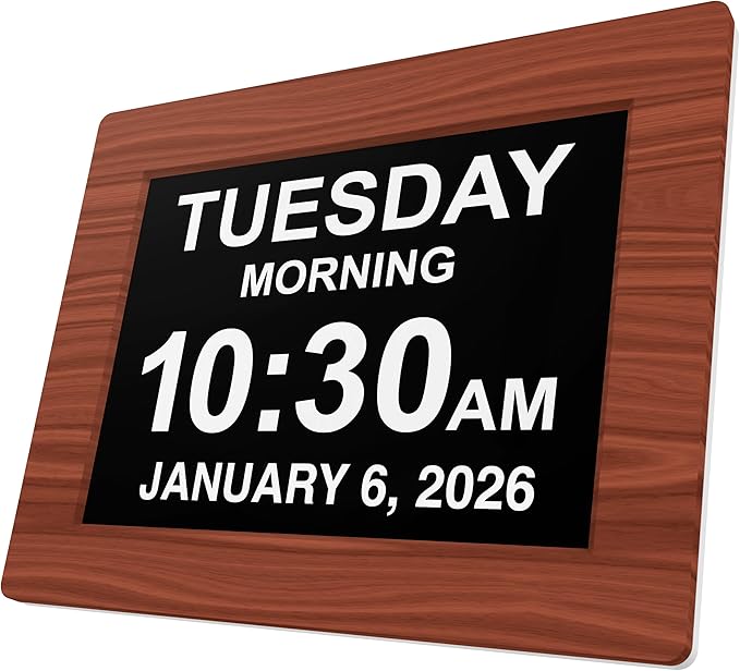 American Lifetime New 2026 Dementia Clock Large Digital Clock for Seniors, Large Display with Custom Alarms, Calendar Clock with Day & Date for Elderly, Clear Numbers Alzheimer Digital Clock Wood