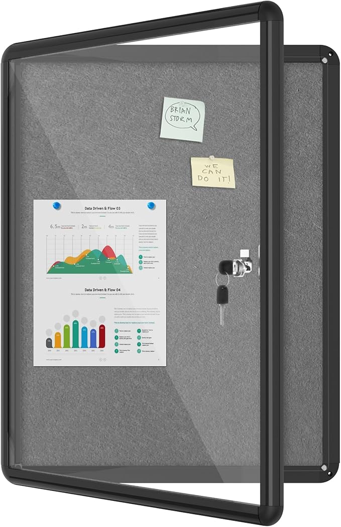 Mifuro 26"x20" Enclosed Bulletin Board, Lockable Weather-Resistant Aluminum Cork Noticeboard for School & Office, Black Frame w/Grey Flet