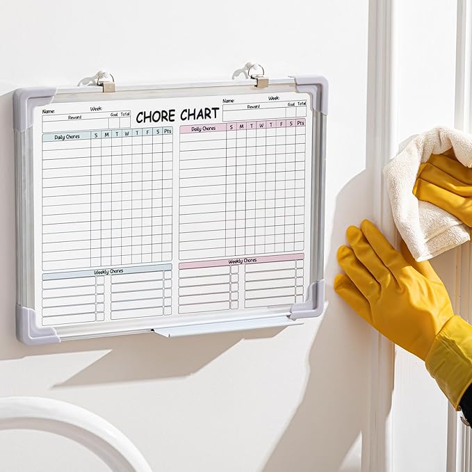 Lincia 12 x 16 Magnetic Dry Erase Chore Chart Board for Family Adults Double Side Family 2 in 1 Combo Chore Board Weekly Calendar Aluminum Frame for Wall 8 Markers 1 Eraser(Double Style)