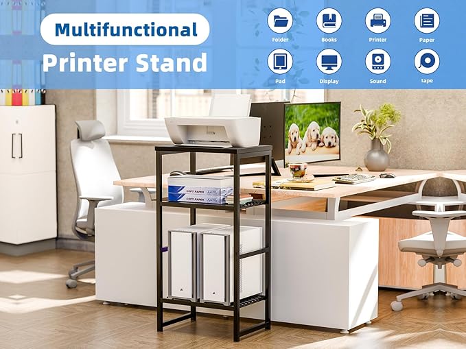 GEORIS 3 Tier Freestanding Printer Stand Shelf for Desk, Black Metal Side Table for Printer, Fax Marchine