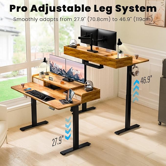 Kingant 55 x 30 Inch Electric Standing Desk with Dual Drawers, Adjustable Height Computer Desk for Home Office, Large Workstation Sit Stand Up Desk with Built-in Storage Shelf, Light Rustic Brown