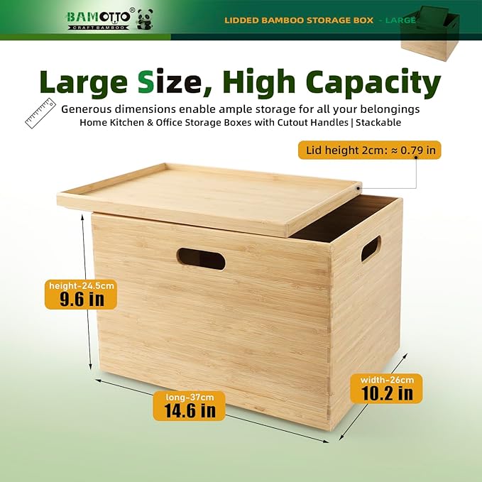 BAMOTTO Lidded Bamboo Storage Bins & Box/Cube/Basket, Home Kitchen and Office Storage Boxes with Handles & Stackable for Organizer Tableware, Crafts, Office Shelf Books, Large, 14.6”x10.2”x9.6”