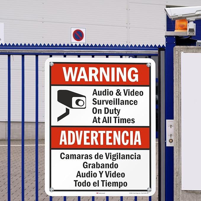 SmartSign 30 x 24 inch “Warning - Audio & Video Surveillance On Duty At All Times” Bilingual Sign, 80 mil Aluminum, 3M Laminated Engineer Grade Reflective Material, Red, Black and White, USA-Made