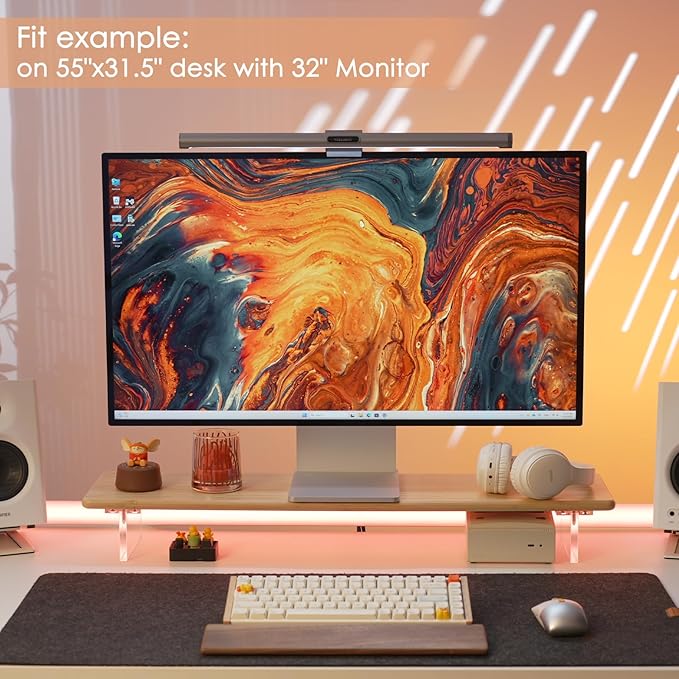 ROCDEER Bamboo Monitor Stand Riser with RGB Lights,31.5 Inches Desktop Shelf with Acrylic Legs Supports for Desk, PC Computer Monitor, Laptops, Printer, Speakers (Natural)