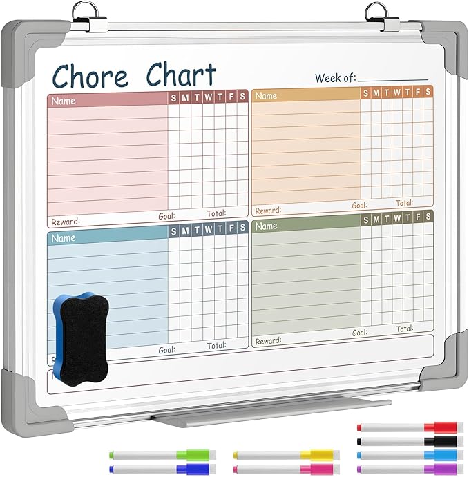 Lincia Magnetic Dry Erase Chore Chart Board for Multi-Person Households 24"x18" Double Side Family 2 in 1 Combo Chore Board for Wall Aluminum Frame 8 Markers 1 Eraser(Double Style)