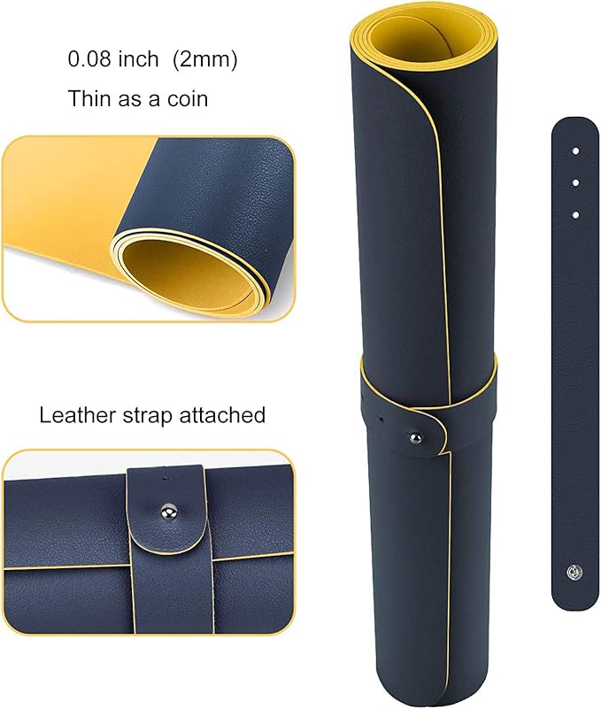 SUJAYU Dual Sided PU Leather Desk Pad, Mouse Pad, Office Desk Mat, Non-Slip Laptop Desk Pad, Waterproof Desk Writing Pad for Office and Home (31.5" x 15.7", Dark Blue + Yellow)