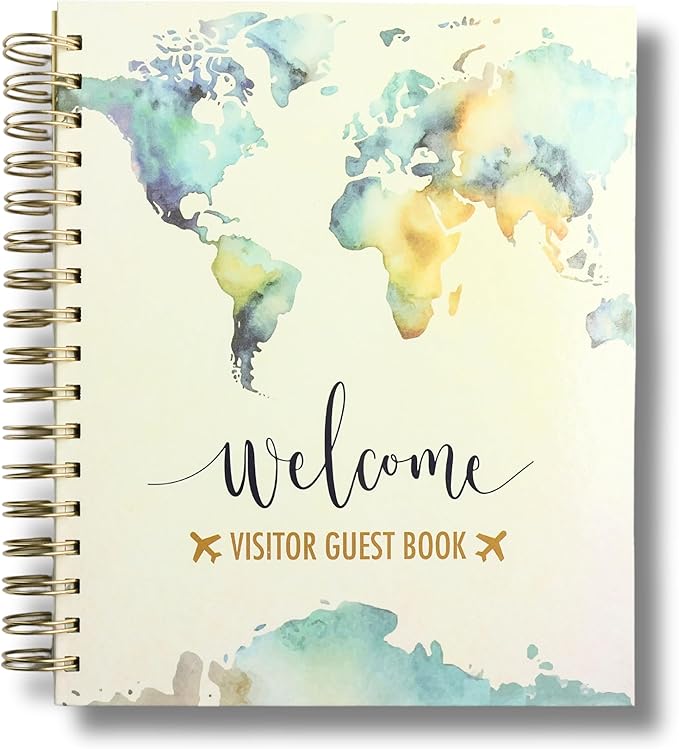 Paper 'n Such Guest Book for Rental House - Vacation Home - Short Term Rentals, Host Essentials, Spiral Hardcover Welcome Log for Airbnbs- 200 Pages (World Map)