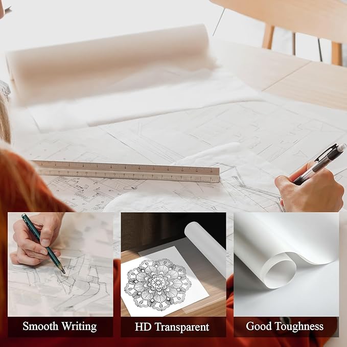 SuFly Tracing Paper Roll 18 Inch Wide x 30 Yards - Smooth Transparent 30lb/50gsm Trace Paper Roll for Drawing, Sketching, Sewing Patterns & Technical Drafts.