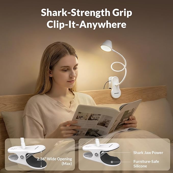 LEPOWER Clip on Light, Reading Lights for Books in Bed with 5 Colors & Stepless Dimming, RG0 Eye-Care, Auto Timer & Night Light, Strong Clamp for Headboard, Bedside, Desk, White