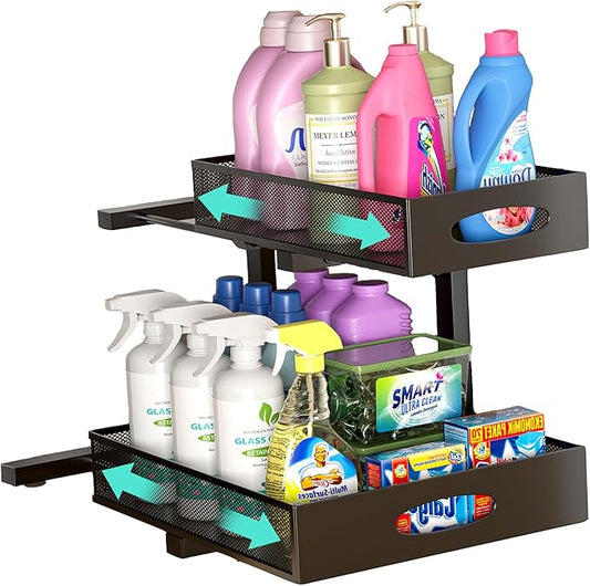 Beleeb Under Sink Organizer, Extra-Wide Upgrade, 1-Pack of 2-Tier Metal Slide Out Cabinet Organizer, Height Adjustable Organization and Storage Series, Bathroom/Cabinet/Kitchen organization, Black