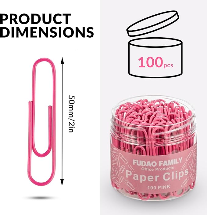 Jumbo Paper Clips, 2 Inch Large Paper Clip, 100 pcs Paperclips (Jumbo, Pink)