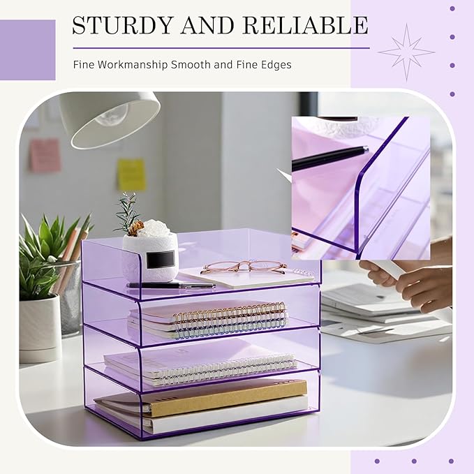 Harloon 4 Tier Acrylic Paper Tray 12.4 x 8.7 x 2.7 Inches Stackable Letter Clear Organizer No Need to Assemble Acrylic Paper File Organizer for Office Workspace Desktop Storage (Transparent Purple)