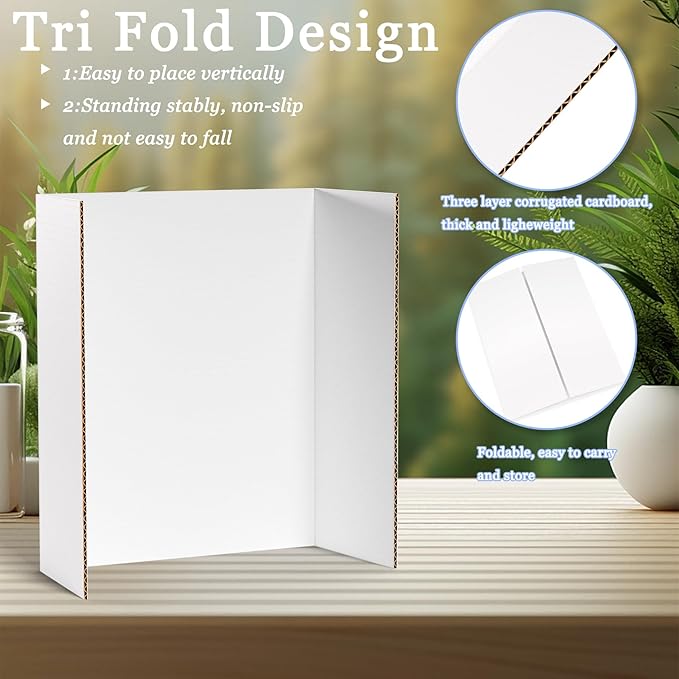 AKONEGE 6 Pack Medium Trifold Poster Board, 26" x 16" White Corrugated Cardboard Tri Fold Poster Boards for Presentation, School Projects, Science Fair, Photo Display Exhibitions Event