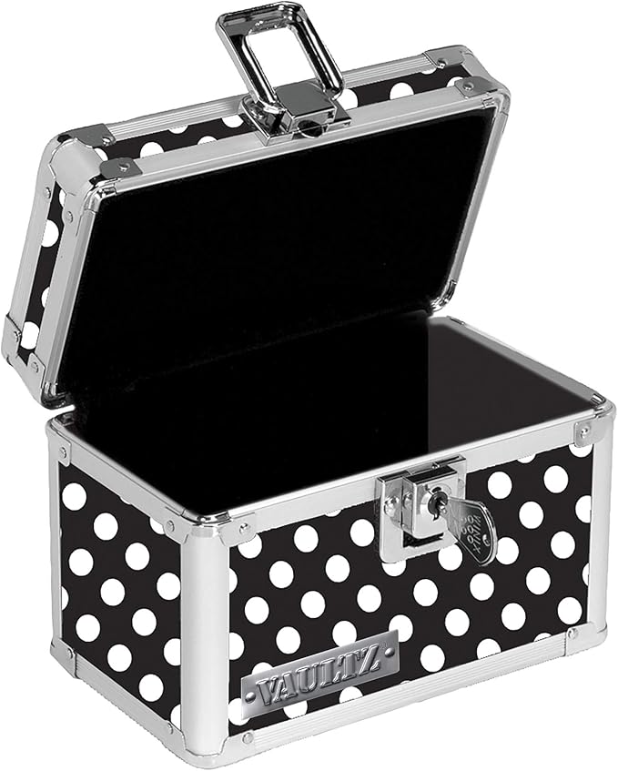 Vaultz Locking Index Card File Box with Flip Top, Holds 350 3x5 Cards, Black & White Polka Dot (VZ03715)