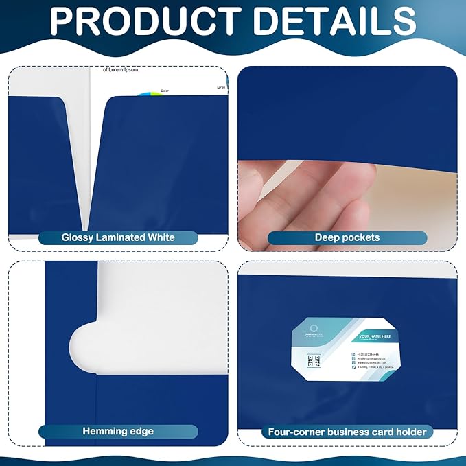 Yeaqee 100 Pack 2 Pockets Glossy Laminated Paper Folder First Day of School Presentation Folder Letter Size Two Pocket File Portfolio Holder Back to School Items Bulk for Teacher Office (Blue)
