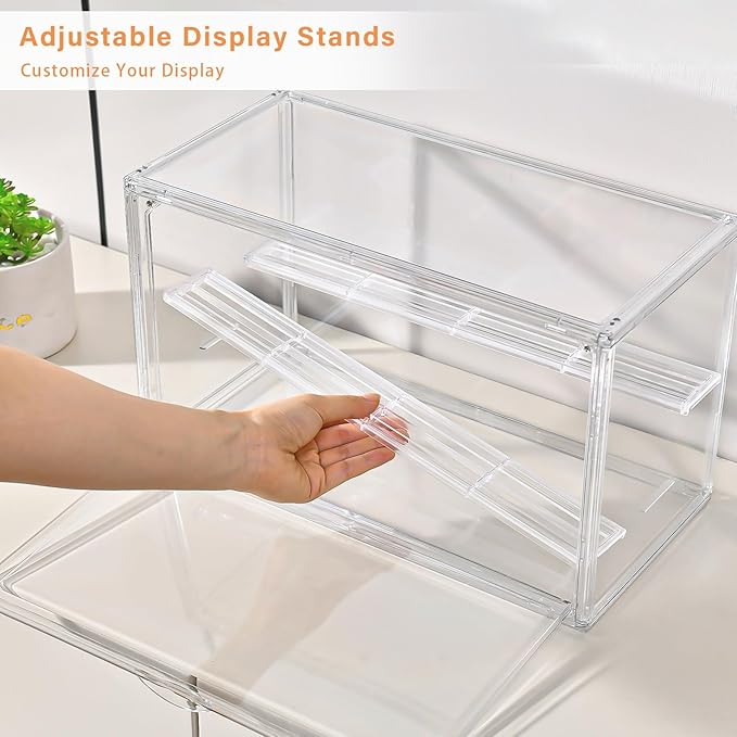 Freebat Clear Acrylic Display Case for Collectibles - 3-Tier Adjustable Figure Display with Magnetic Door & Removable Shelves,Stackable Dispaly Box for Figures - 2 Pack