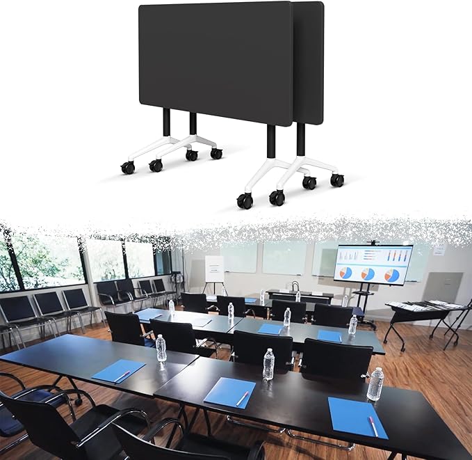 Goakwwuz Conference Room Table, Folding Conference Tables,Thicken Grey Tabletop,Flip Top Wooden Seminar Meeting Room Table for Conference Room Offices (2, Black, 70.8”)