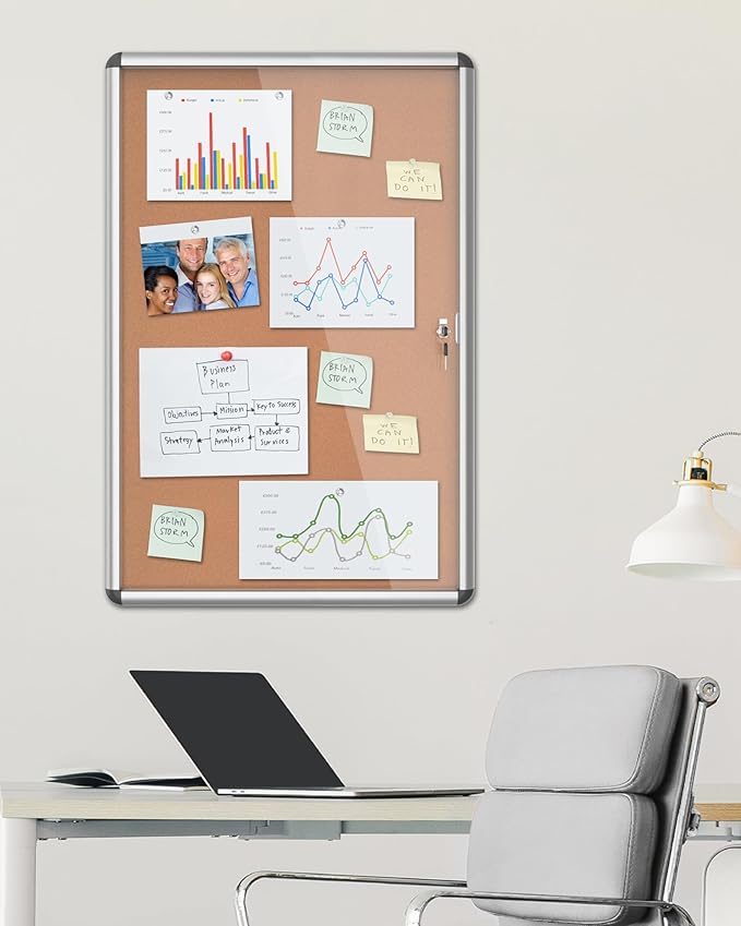 Mifuro 36"x24" Enclosed Bulletin Board, Lockable Weather-Resistant Aluminum Cork Noticeboard for School & Office, Silver Frame w/Cork