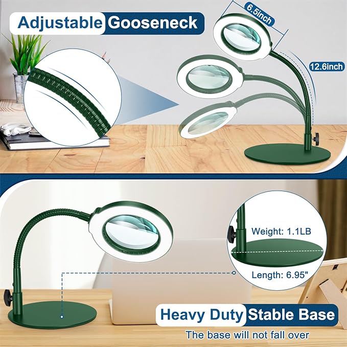 IVMAIE 10X Magnifying Glass with Light, Real Glass Lens, 5 Color Modes Dimmable, Flexible Gooseneck Lighted Magnifier with Stand, LED Desk Lamp Hands Free for Crafts Painting Reading Close Work, Green