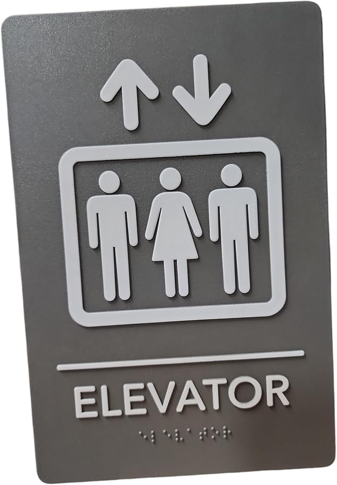 USA Made - Men's and Women's Restroom Signs ADA-Compliant Bathroom Door Signs for Offices, Businesses, and Restaurants, Black, Blue, Grey and Taupe/Tan Colors (Grey Elevator)