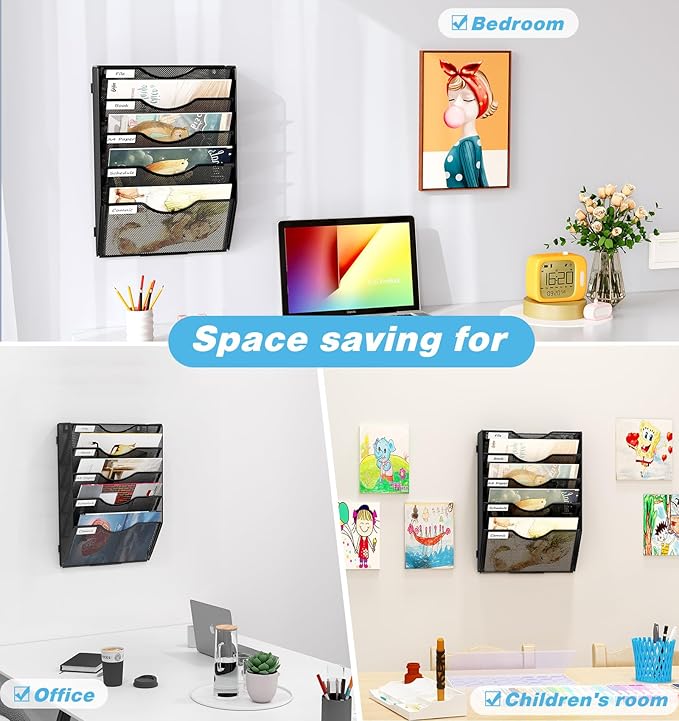 Solinxe Wall Hanging File Holder 5 Pocket Wall Mounted Paper Organizer Magazine File Holder Storage Rack,Black
