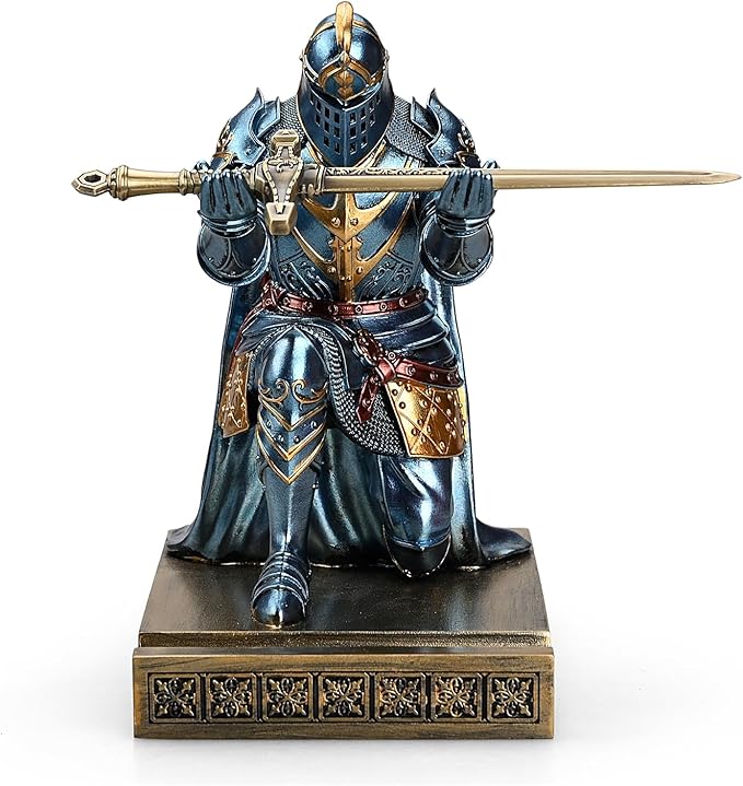 HDMbigmi King's Guard Leader Cloak Warrior Knight Pen Holder Mobile Phone Stand, Ornament Knight Statue, Pen Stand Paperweight for Office and Home (Blue)