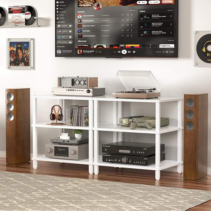 3-Tier AV Media Player Stand, white Stereo Cabinet, Modern Stereo Cabine,Game Console Shelf,Wooden TV Stand,Multifunctional Entertainment Center, Suitable for Home, Conference Room, Game Studio