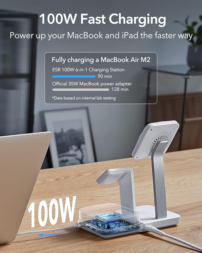 ESR 100W 6-in-1 GaN Charging Station with CryoBoost, Compatible with MagSafe Charger Stand, Magnetic Wireless Charger for iPhone 17/16/15/14/13/12, Apple Watch, AirPods Pro/3/2, Classic White