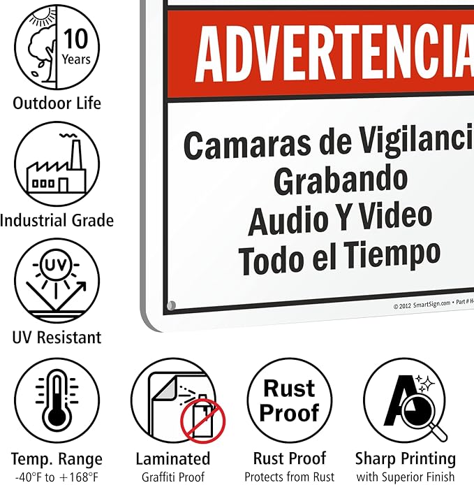 SmartSign 18 x 12 inch “Warning - Audio & Video Surveillance On Duty At All Times” Bilingual Sign, 63 mil Laminated Rustproof Aluminum, Red, Black and White, Made in USA