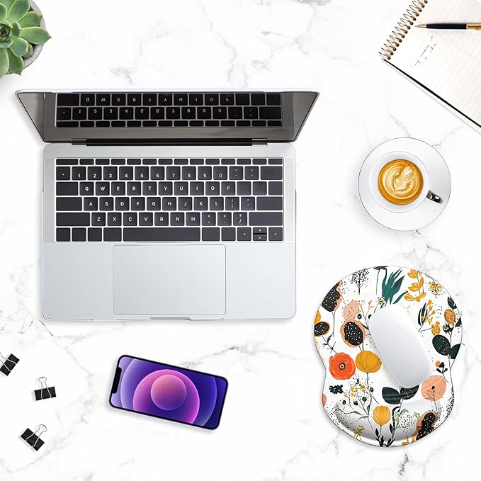 ITNRSIIET Ergonomic Mouse Pad with Gel Wrist Support Small Wrist Rest Smooth Surface Non-Slip PU Base Comfortable Office Supplies Pain Relief, 8.7 x 7.2 inches, Beautiful Flowers and Plants