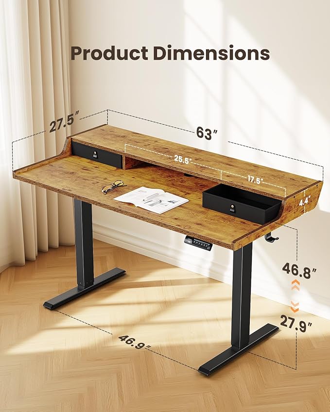 ErGear Electric Standing Desk with Drawers, 63″ x 28″ Gaming Table Compatible Monitor Stand, Stand up Desks, Home Office Height-Adjustable Desk with Storage Shelf, 4 Preset Heights, Vintage Brown