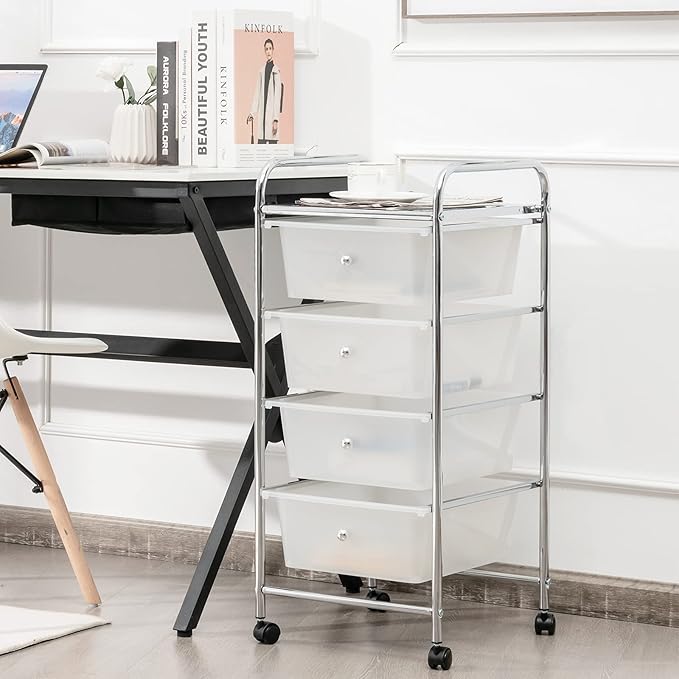 Giantex Rolling Cart with Drawers, Craft Organizer with Wheels, 4 Drawer Storage Container Bins for Home School Office Scrapbook Paper Tools, Clear White