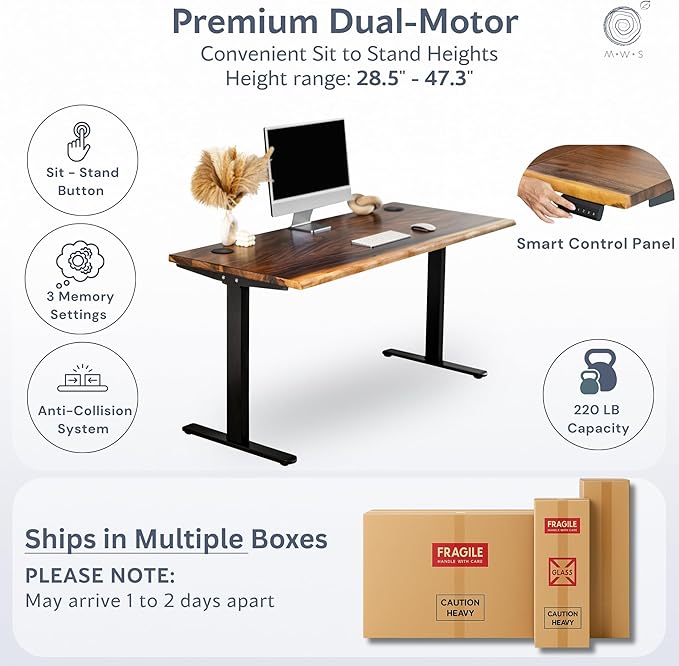Standing Desk with Keyboard Tray – Walnut Solid Wood Desk, Natural Live Edge, Adjustable Height Dual Motor, Sit Stand for Home Office (Black, W60 x D27)